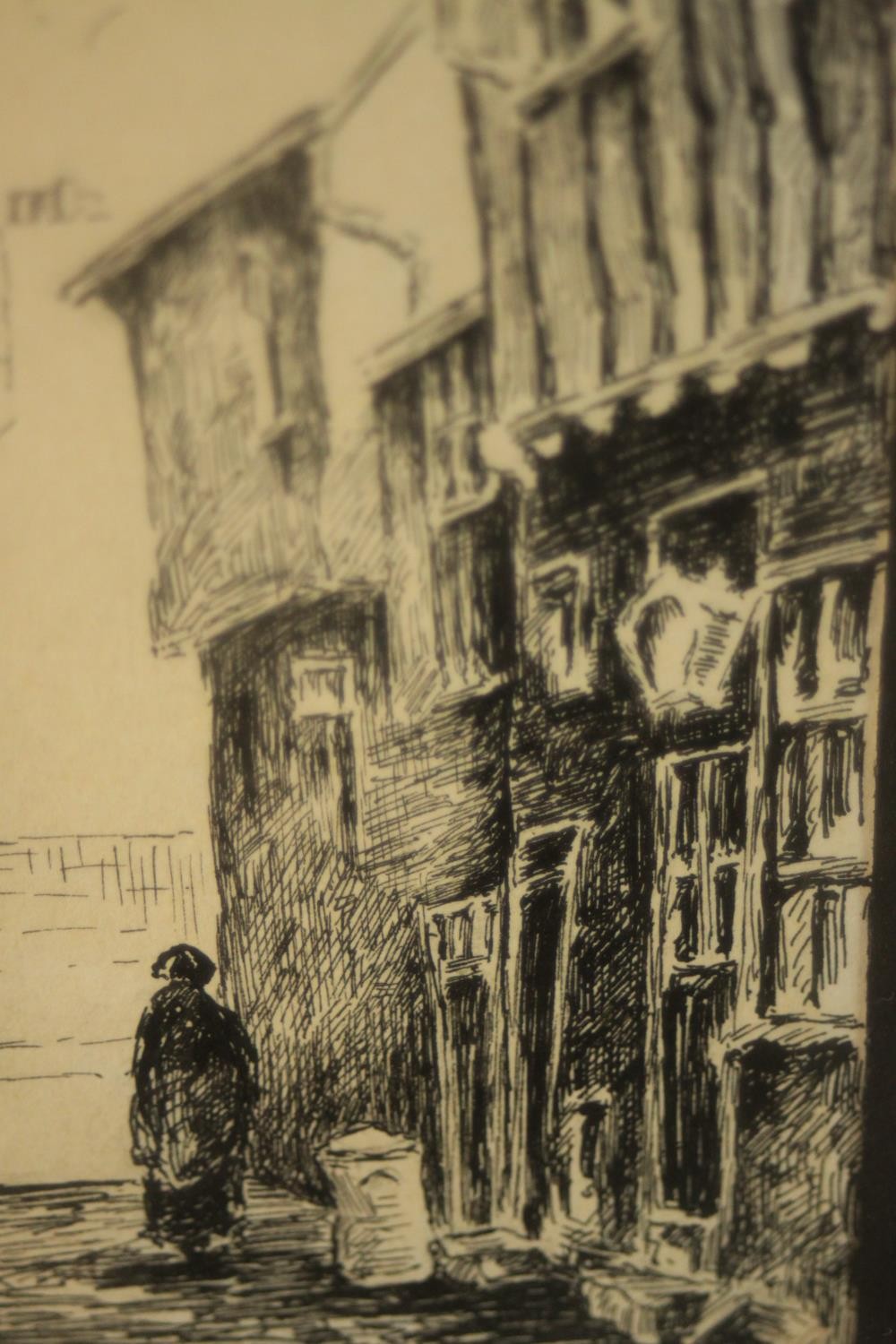 A framed pair of pen sketches of Norwich street scenes, each signed indistinctly and titled. H.49 - Image 5 of 9