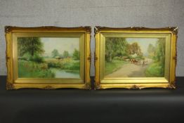 British mid 20th century school, two Rural Scenes, watercolours, bearing labels verso. H.51 W.