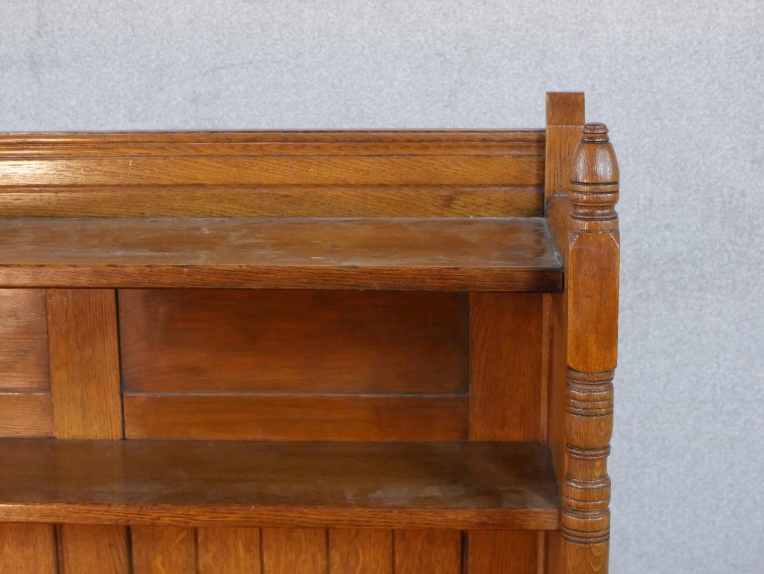 A late 19th century Arts and Crafts inspired sideboard with raised superstructure above panel - Image 3 of 5