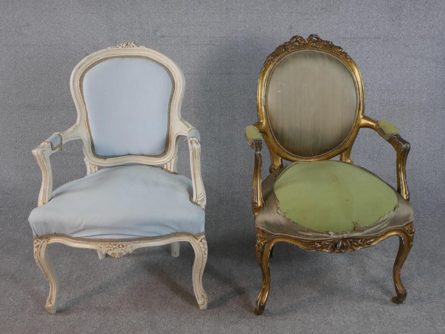 Two French Louis XV style fauteuil armchairs, one gilded and upholstered in silk (upholstery
