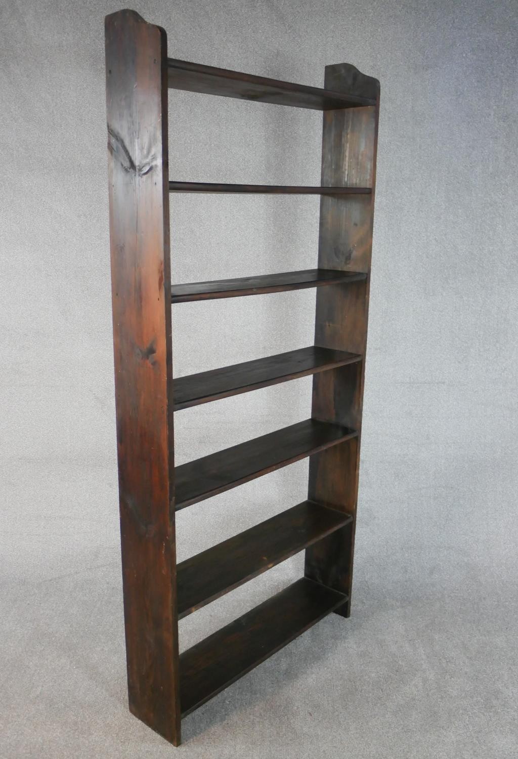A late 20th century stained pine open bookcase, with seven shelves. H.200 W.92 D.22cm - Image 2 of 4