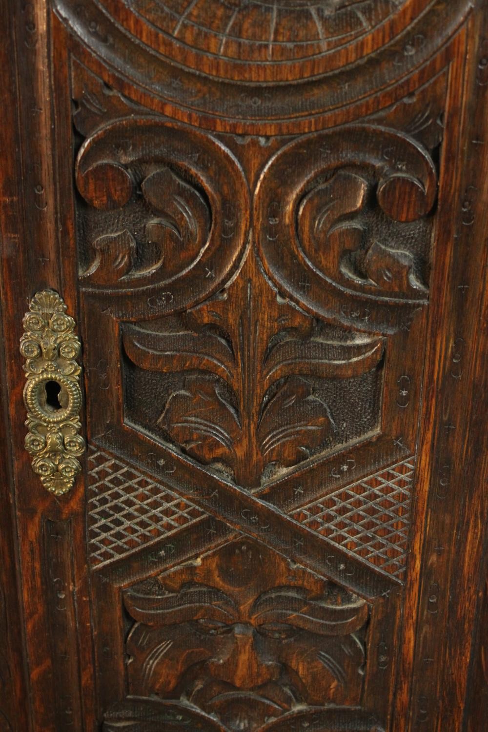 A 19th century carved oak longcase clock, the hood with a swan neck pediment and reeded columns, the - Image 9 of 13