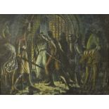 Mid 20th century school, Knights Forcing Their Way Into A Building, oil on board. H.92 W.113cm.