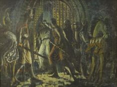 Mid 20th century school, Knights Forcing Their Way Into A Building, oil on board. H.92 W.113cm.