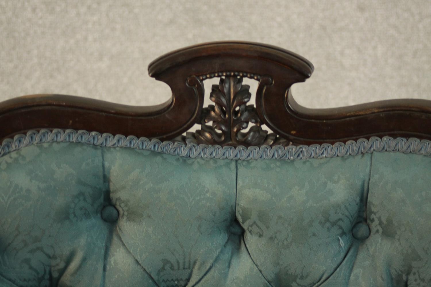 A pair of Edwardian walnut tub armchairs, upholstered in buttoned blue damask, with scrolling arms - Image 5 of 10