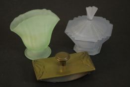 Two Art Deco frosted coloured glass dressing table pieces along with a brass Art Nouveau ink