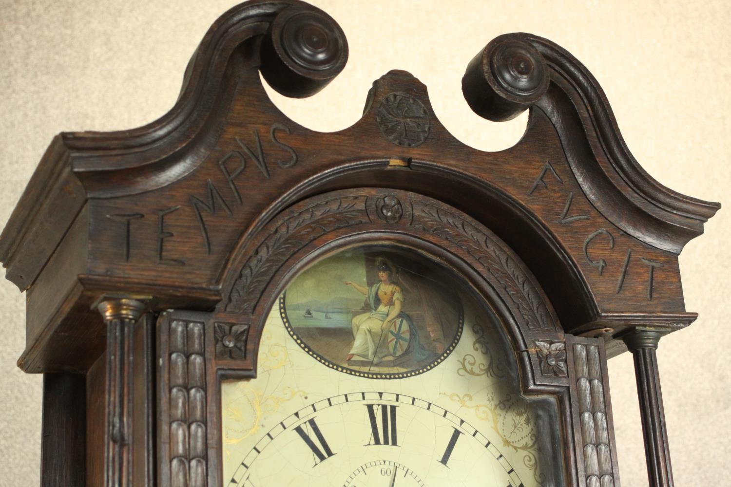 A 19th century carved oak longcase clock, the hood with a swan neck pediment and reeded columns, the - Image 8 of 13