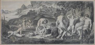 A framed and glazed 19th century engraving of Classical gods in a mountain landscape by Correggio