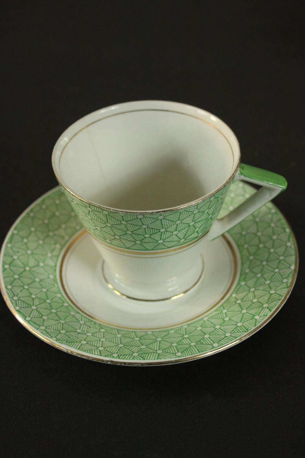 A circa 1940's Palissy Ware china coffee set, with printed green patterned borders. H.22 W.22cm. ( - Image 3 of 9