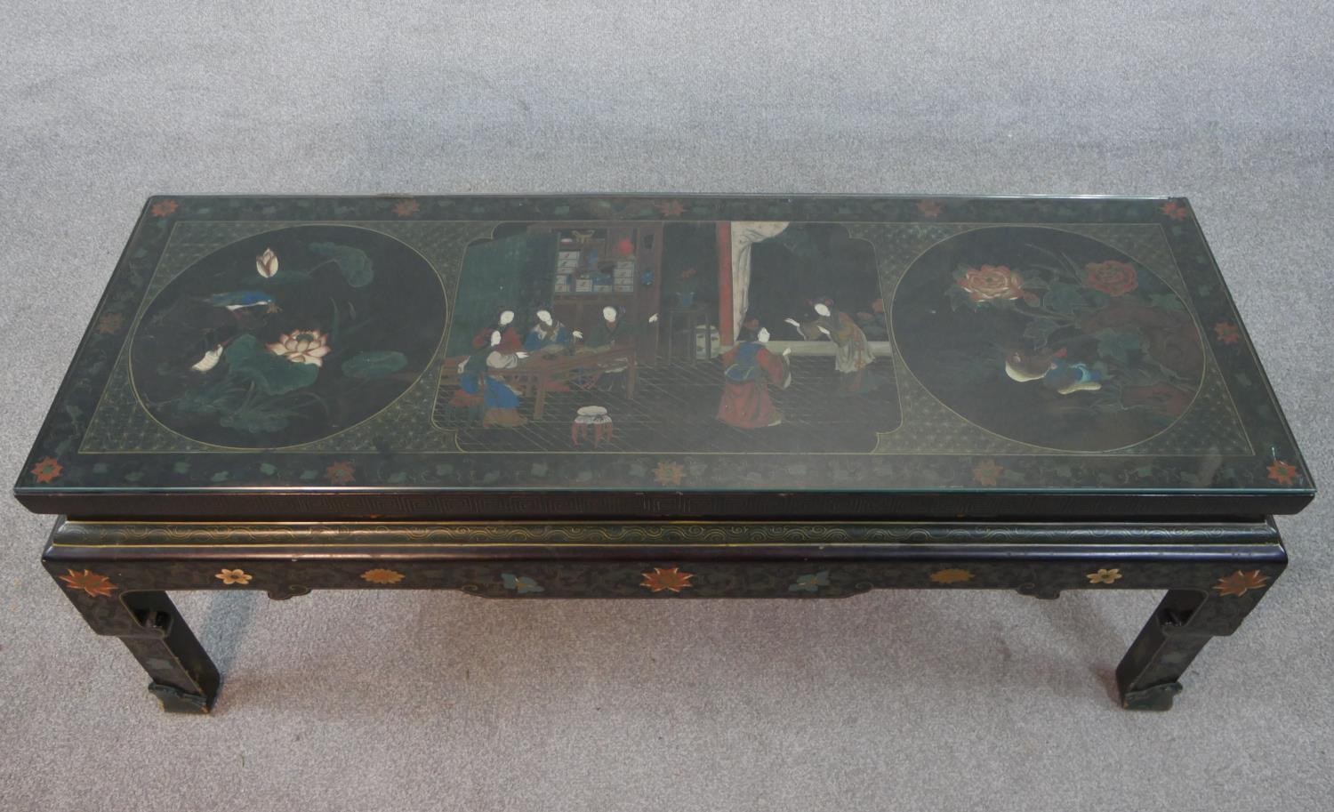 A Chinese lacquered coffee table with all over hand painted decoration. With plate glass top. H.47 - Image 3 of 6