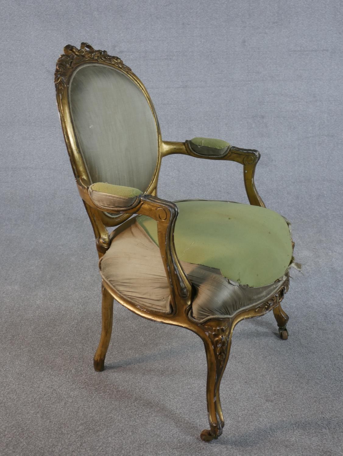 Two French Louis XV style fauteuil armchairs, one gilded and upholstered in silk (upholstery - Image 9 of 9