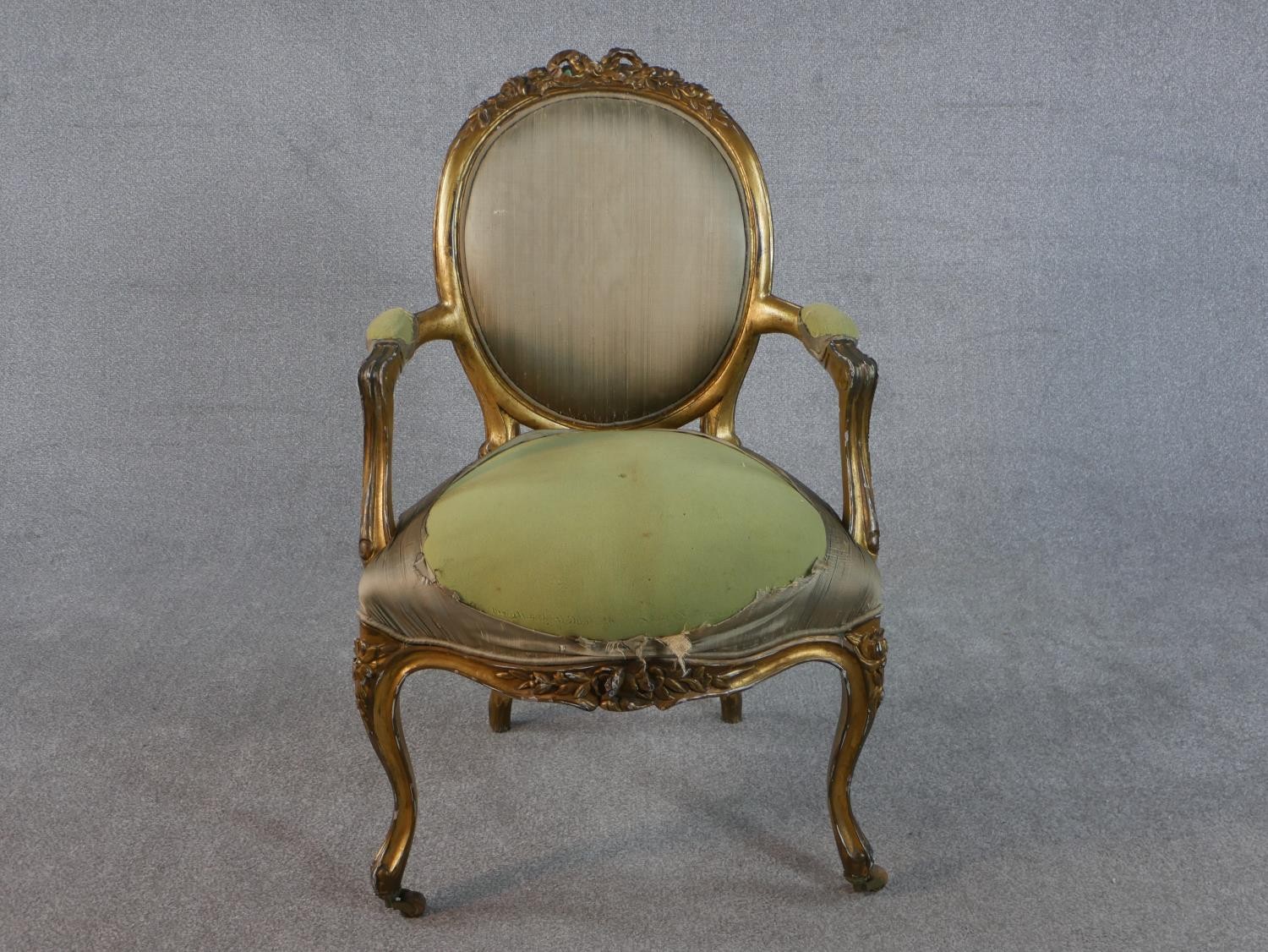 Two French Louis XV style fauteuil armchairs, one gilded and upholstered in silk (upholstery - Image 6 of 9