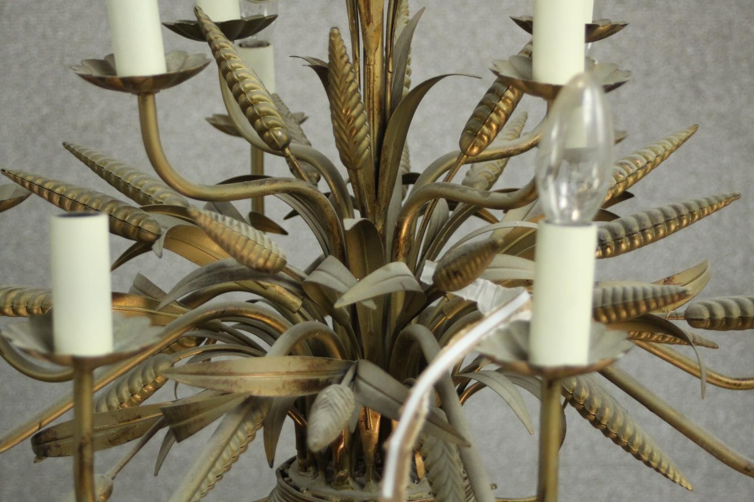 A Maison Jansen style brass and toleware chandelier, of wheatsheaf form, with twelve branches over - Image 3 of 7