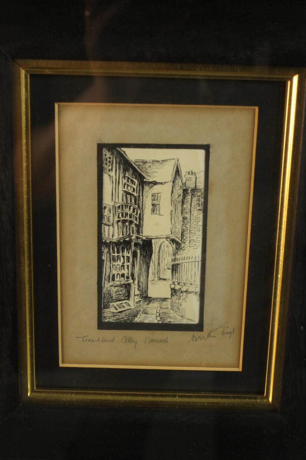 A framed pair of pen sketches of Norwich street scenes, each signed indistinctly and titled. H.49 - Image 4 of 9