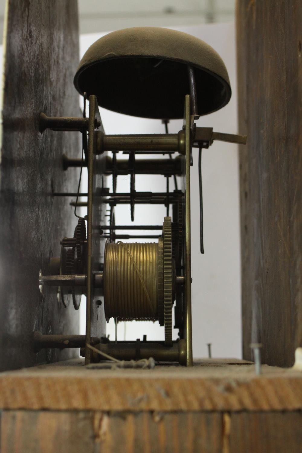 A 19th century carved oak longcase clock, the hood with a swan neck pediment and reeded columns, the - Image 4 of 13