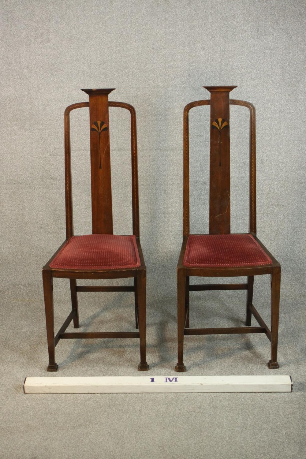 A pair of marquetry inlaid Arts & Crafts oak high back side chairs, the back inlaid with an Egyptian - Image 3 of 9