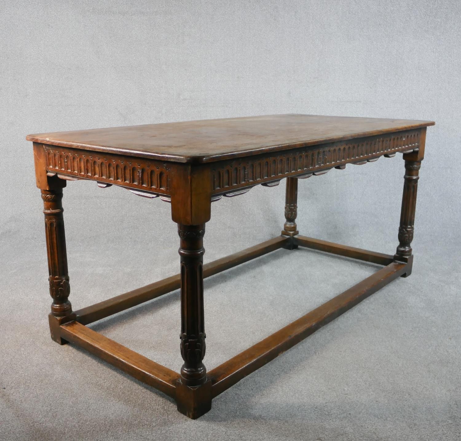 An early 20th century oak refectory dining table, the rectangular top with rounded corners over a - Image 5 of 5