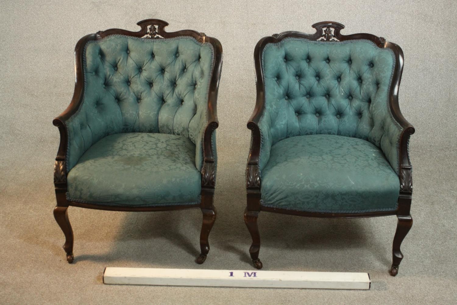 A pair of Edwardian walnut tub armchairs, upholstered in buttoned blue damask, with scrolling arms - Image 2 of 10