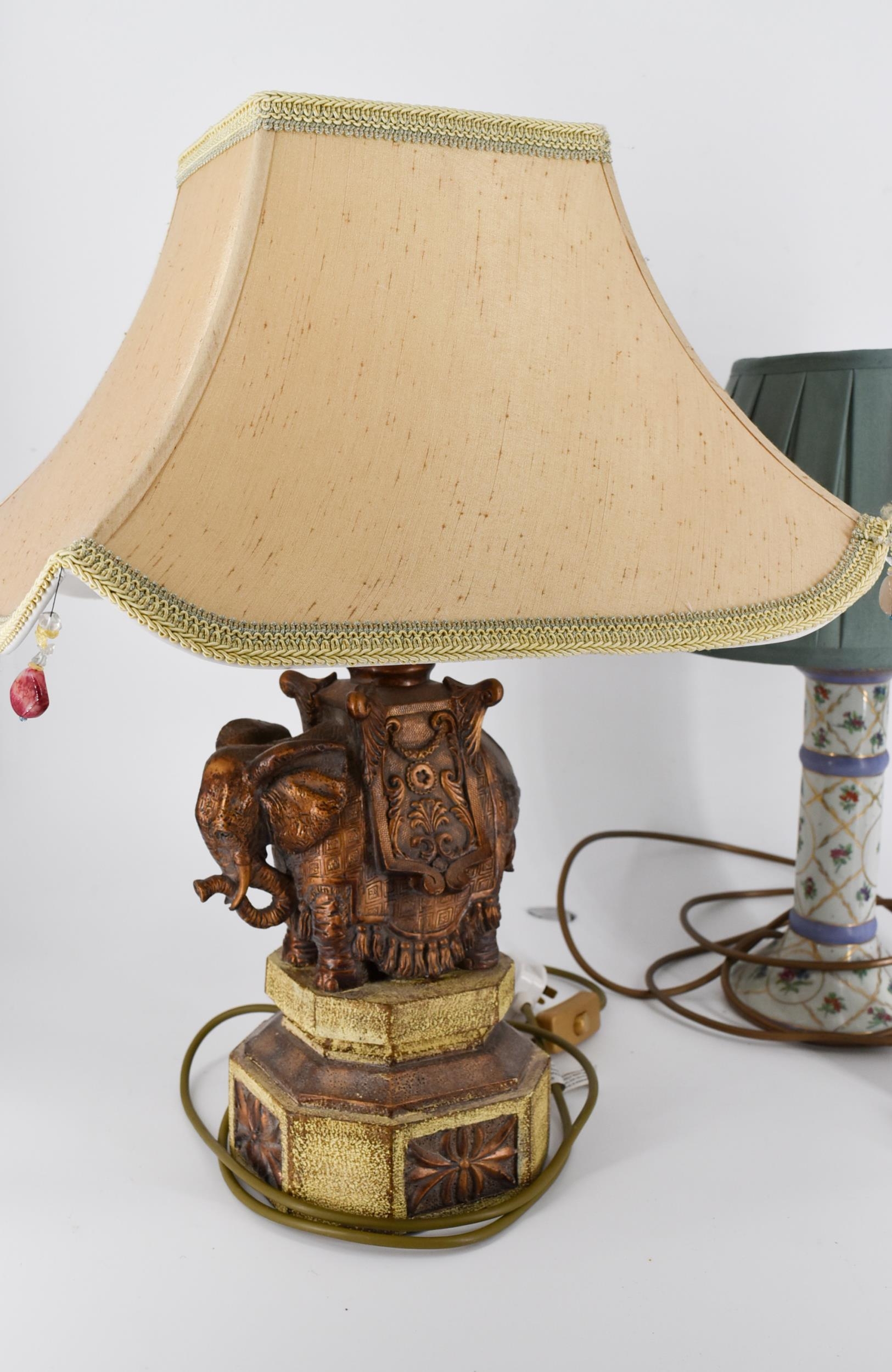 A hand painted floral design porcelain table lamp along with a moulded resin elephant form table - Image 2 of 4