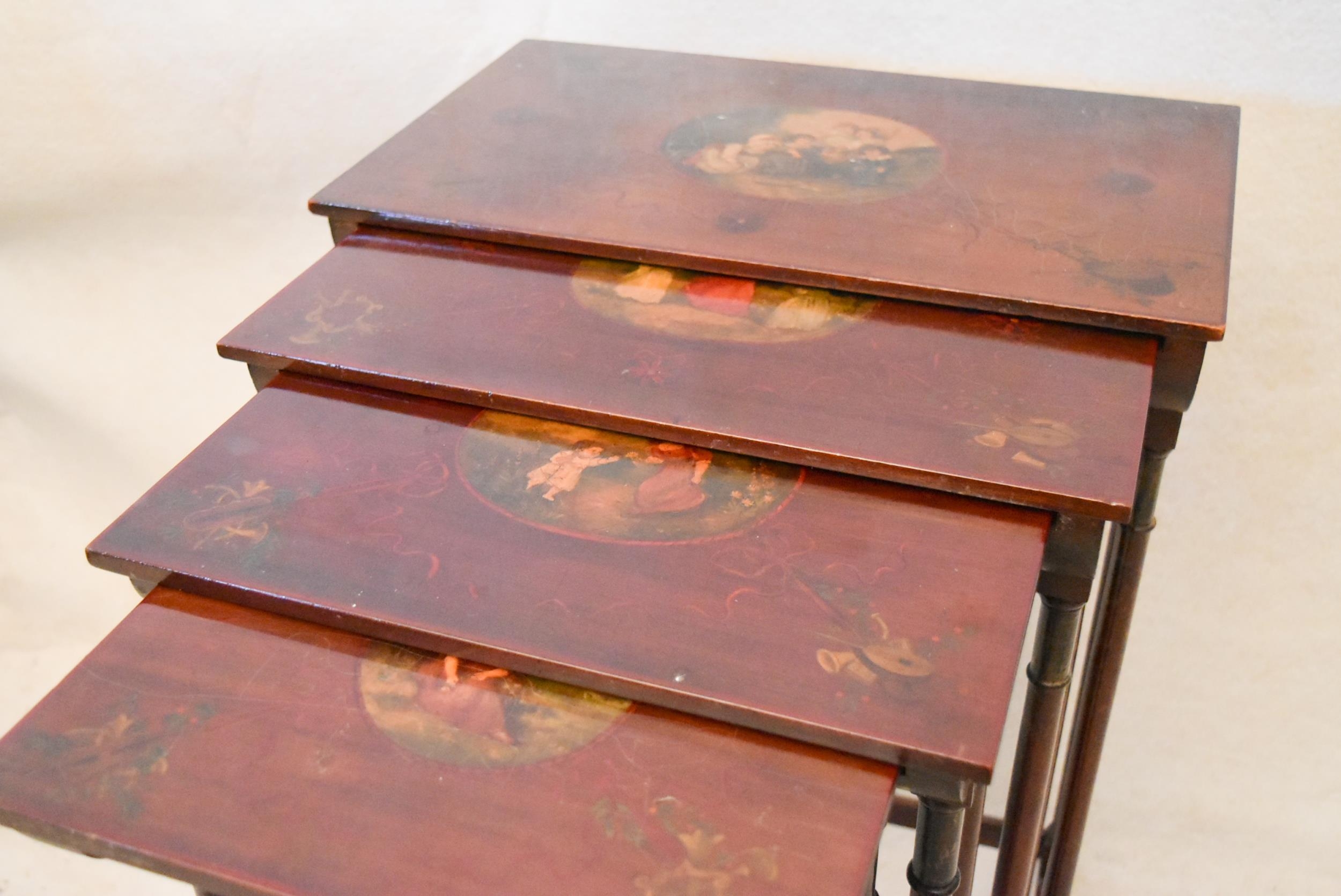 A quartetto nest of Regency style mahogany tables, each with rectangular tops hand painted with a - Image 5 of 5