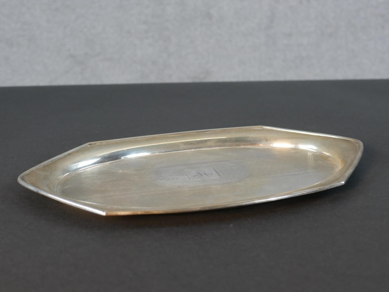 An Art Deco silver engraved and engine turned decorated hexagonal tray. Hallmarked:Davis, Moss & Co, - Image 5 of 5