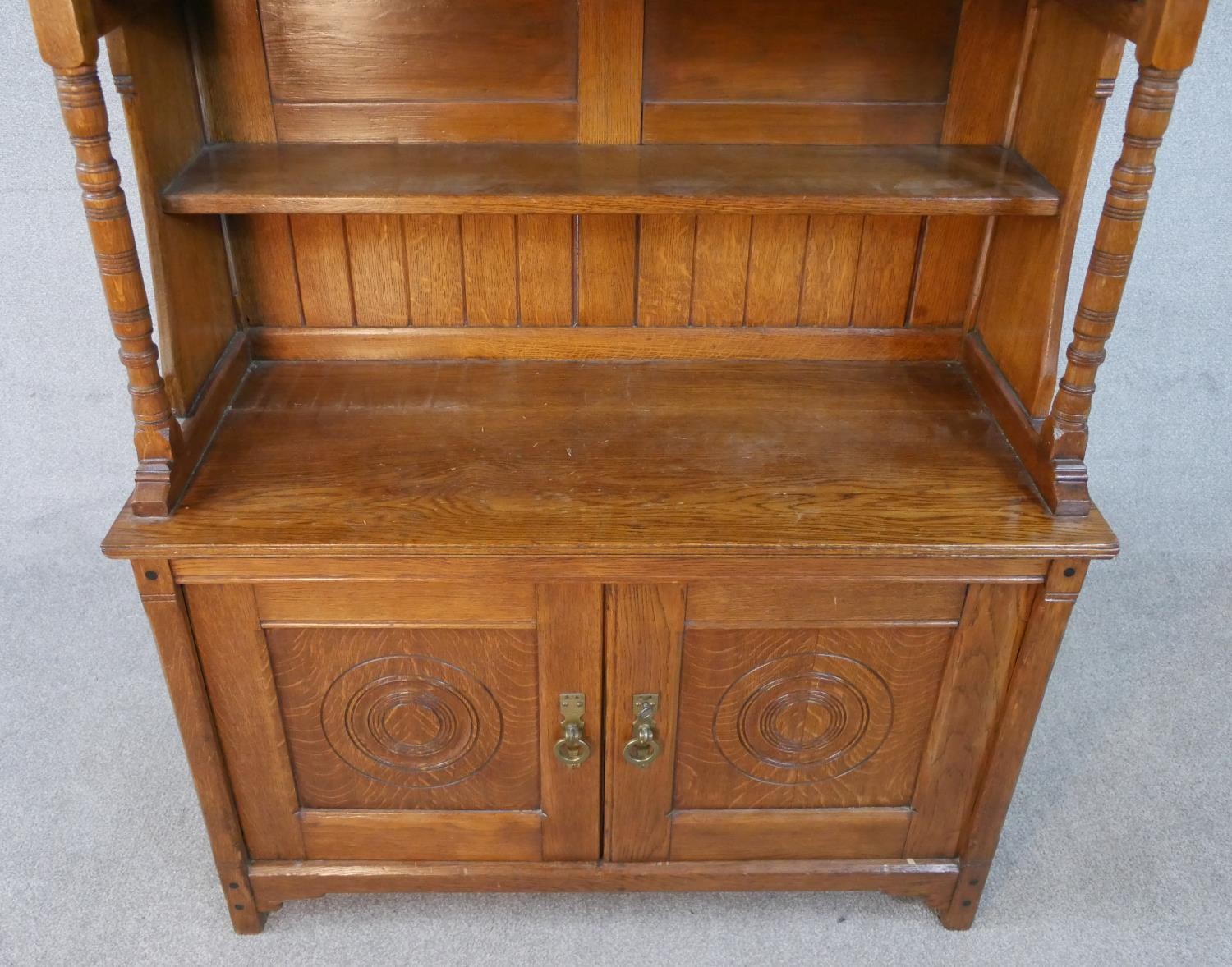 A late 19th century Arts and Crafts inspired sideboard with raised superstructure above panel - Image 2 of 5