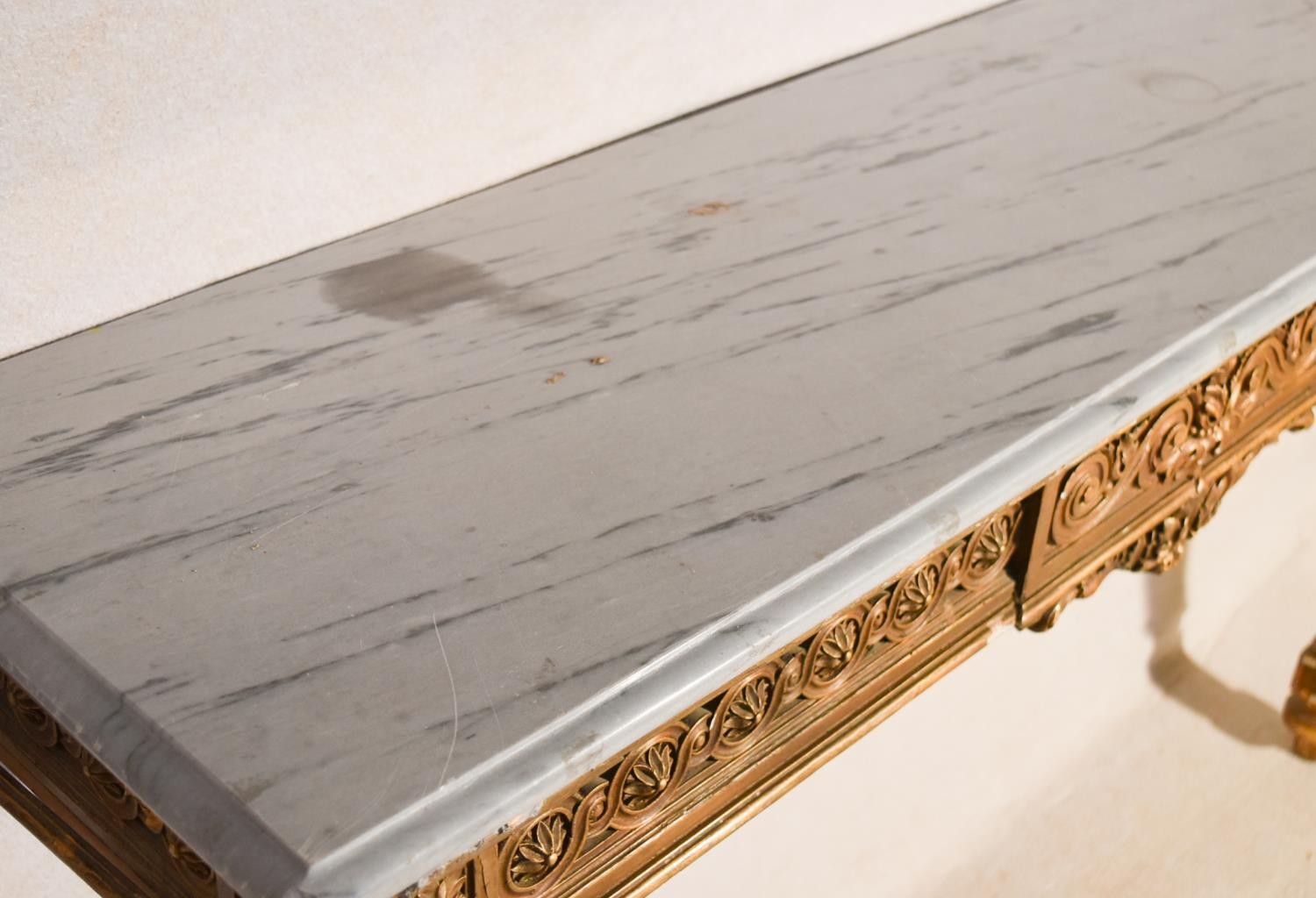 A 19th century Continental giltwood console table, the rectangular marble top with a moulded edge - Image 7 of 7