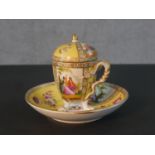 A Meissen 19th century hand painted lidded hot chocolate cup and saucer. Yellow ground painted