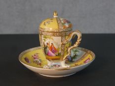 A Meissen 19th century hand painted lidded hot chocolate cup and saucer. Yellow ground painted