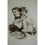 A 19th century black and white photograph on glass of a mother and child. H.38 W.31cm.