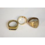 Two gold plated signet style rings along with a Victorian 18 carat yellow gold and old mine