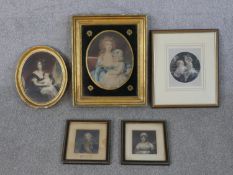 Five framed and glazed hand coloured 19th century engravings, including Horatio Nelson and his wife,