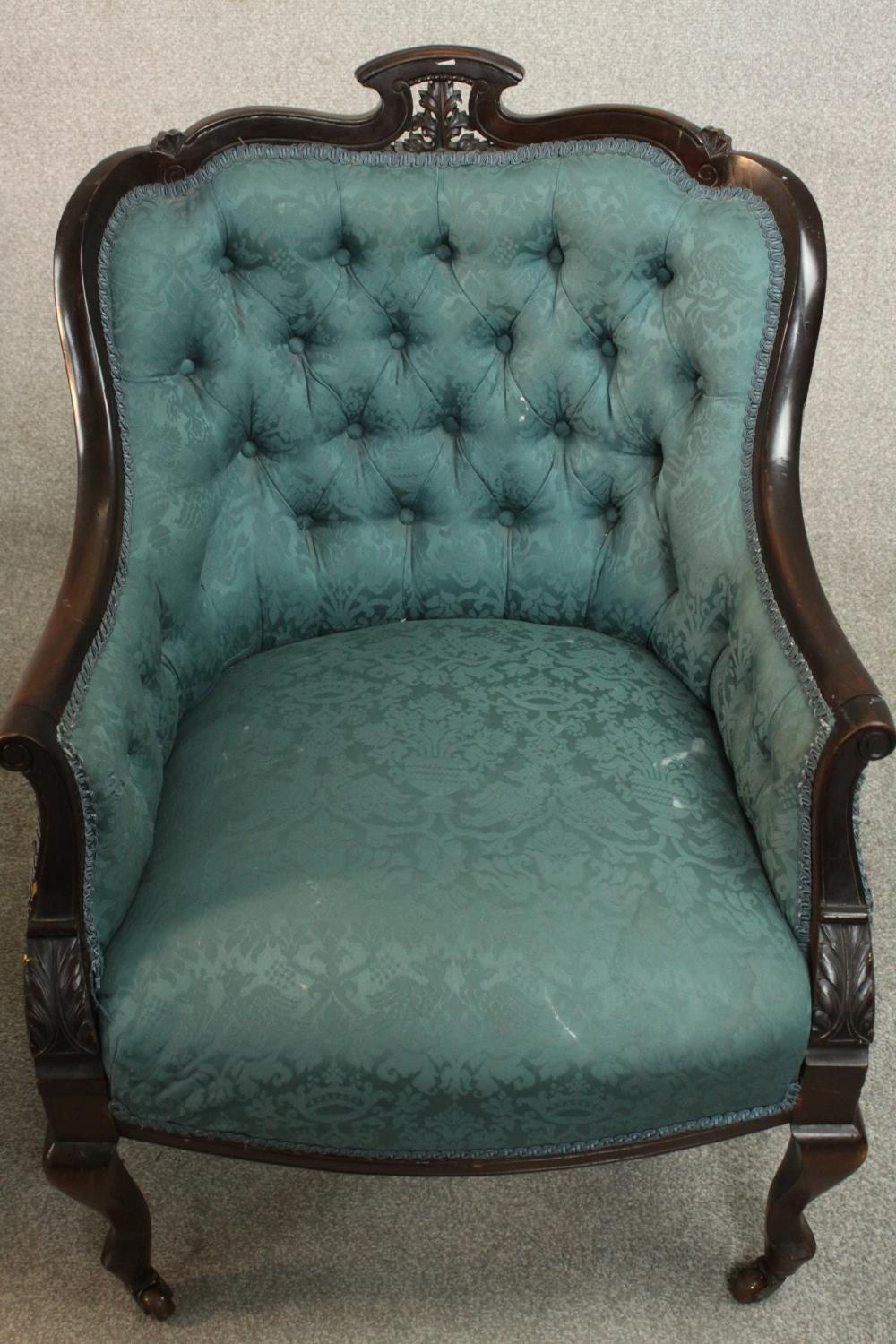 A pair of Edwardian walnut tub armchairs, upholstered in buttoned blue damask, with scrolling arms - Image 9 of 10