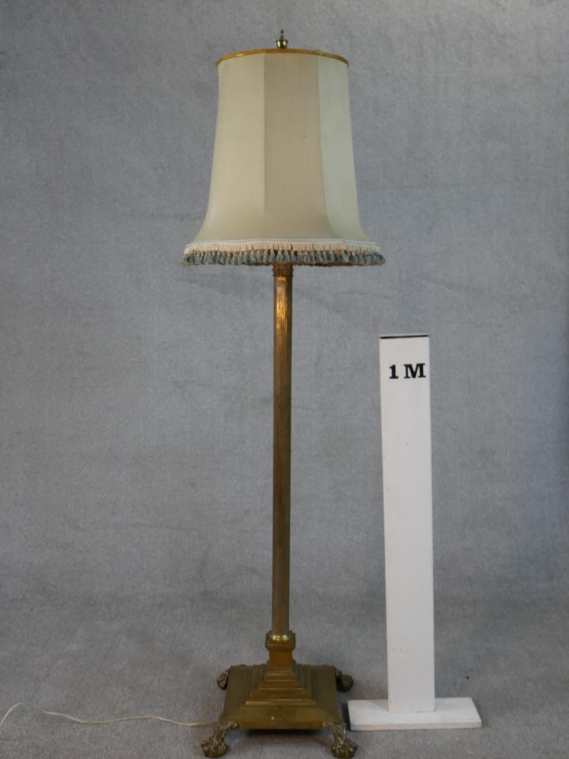 A Victorian brass fluted column design floor lamp with square base on four lion paw feet. H.170 W.38 - Image 2 of 4