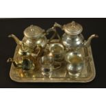 A collection of silver plate and brass, including brass pots, jugs and tray. L.37 W.26cm. (largest)