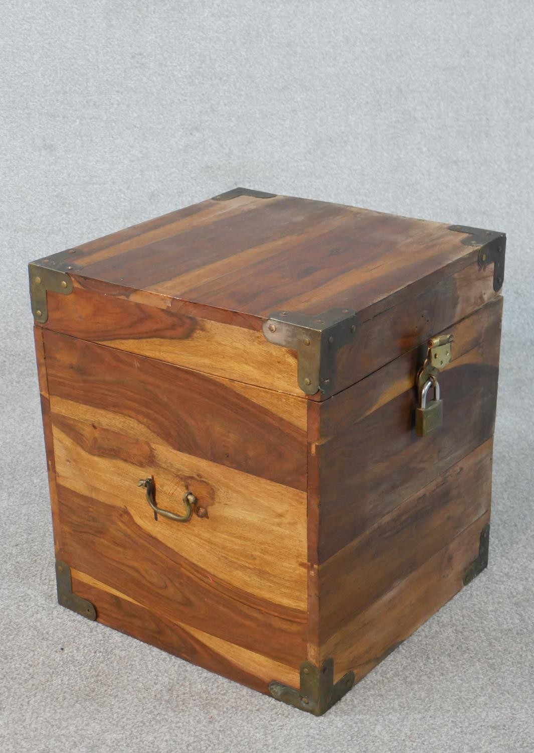 An Indian hardwood cube chest with brass detailing to the corners and padlock. H.46 W.40 D.40cm - Image 7 of 7