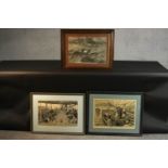 Three framed and glazed 19th century engravings: playing quoits on a boat, a boat in a storm and