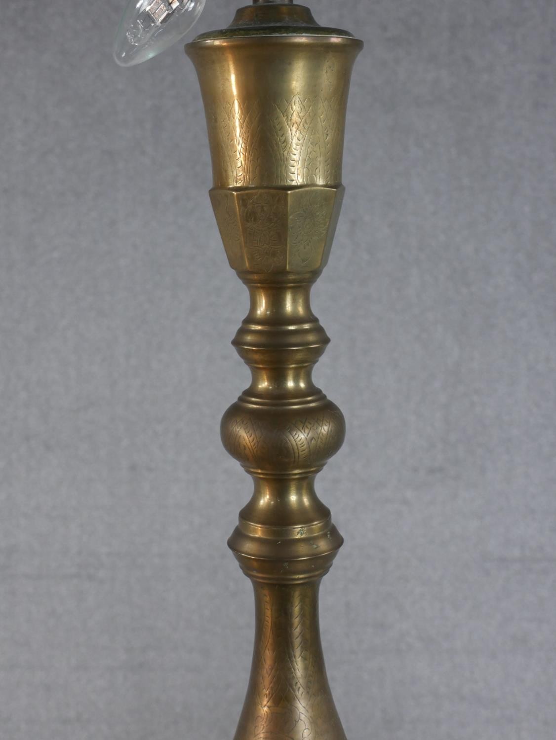 A 20th century turned brass standard lamp, on a circular base with a turned wood foot. H.164cm - Image 4 of 7