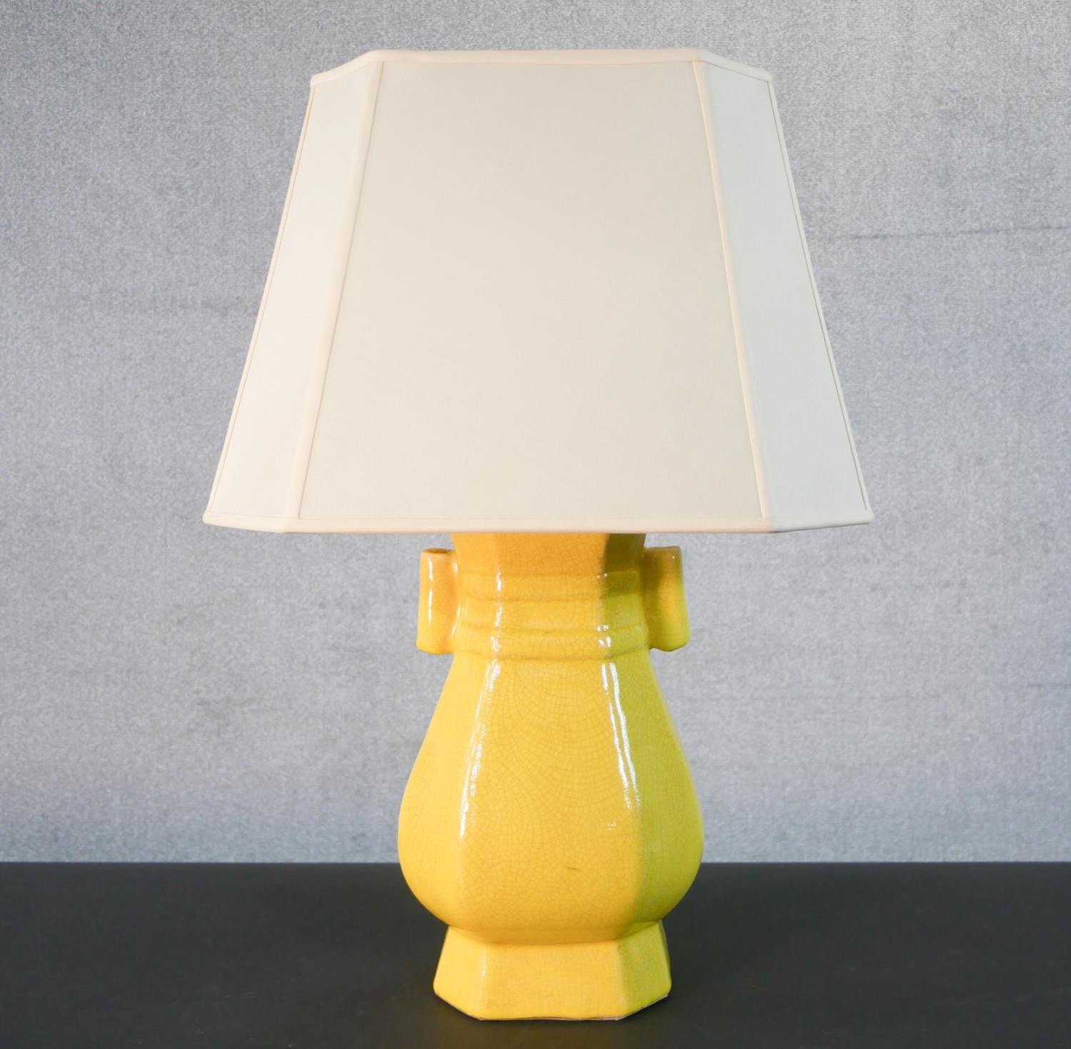 A Chinese yellow glaze vase design table lamp with cream shade. H.61 W.40cm - Image 2 of 6