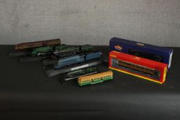 A collection of vintage models of locomotives, including a BACHMANN OO gauge steam locomotive, 31-