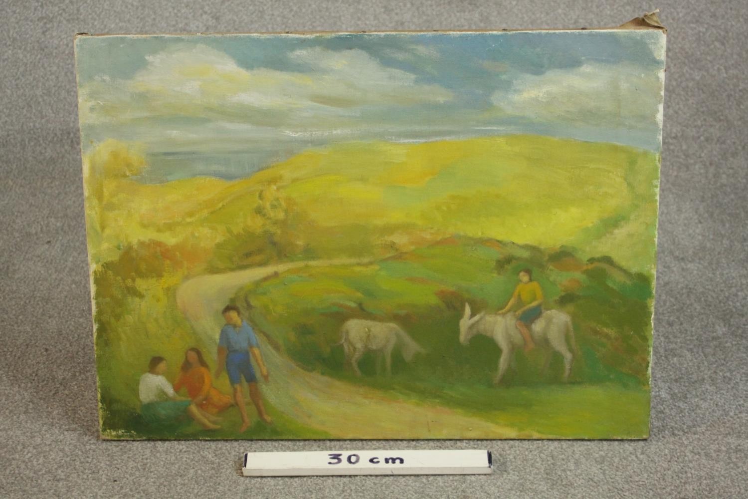 An unframed mid-century oil on canvas of a hillside landscape with figures and donkeys, unsigned. - Image 3 of 6