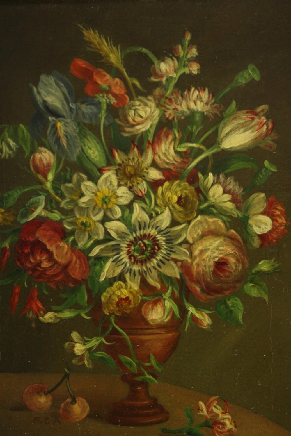 Dutch school, still life of flowers in a vase on a table, oil on canvas, signed F.C.A. lower left.