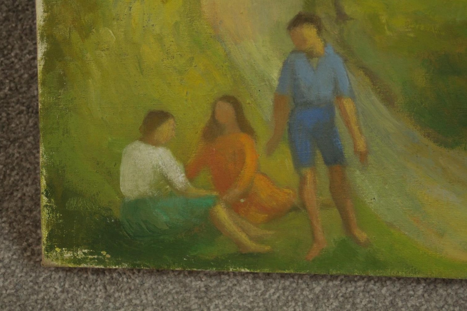 An unframed mid-century oil on canvas of a hillside landscape with figures and donkeys, unsigned. - Image 5 of 6