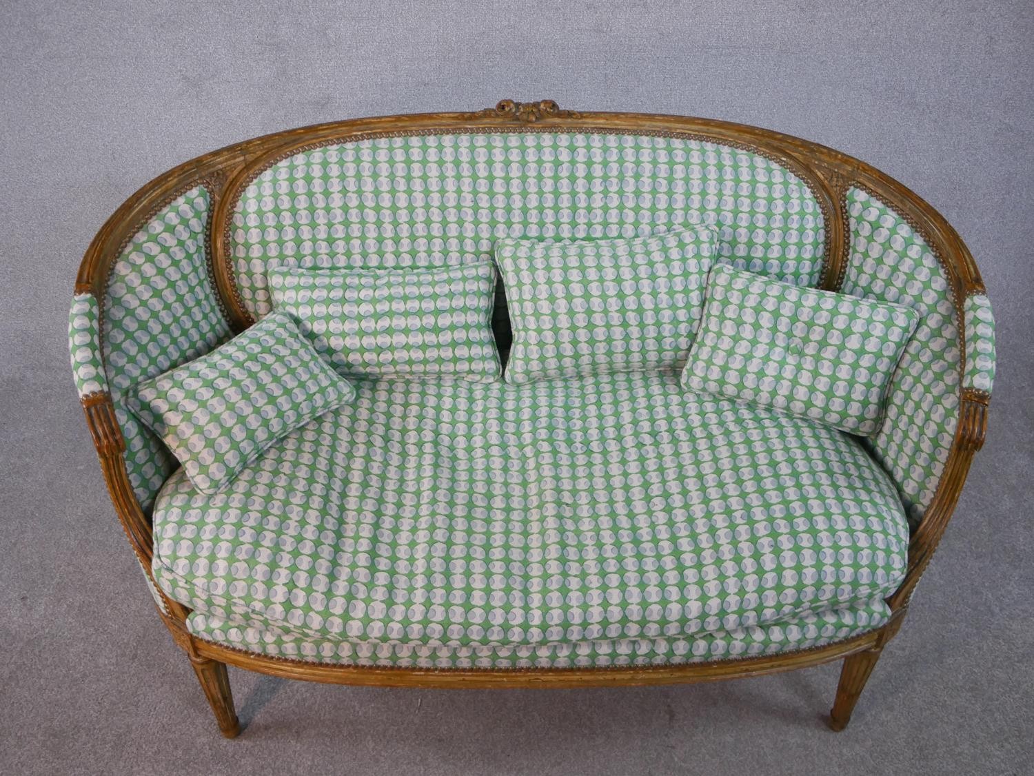 A carved Louis XVI style canape reupholstered in a retro style pale sage patterned material. H.91 - Image 2 of 6