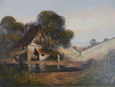 John Horsewell, oil on canvas of a mill cottage with pond and hills in the background, signed. H.