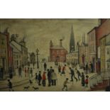 A framed and glazed mid-century Lowry Print, "A Lancashire Village", signed in plate. H.53 W.65cm.