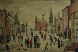 A framed and glazed mid-century Lowry Print, "A Lancashire Village", signed in plate. H.53 W.65cm.