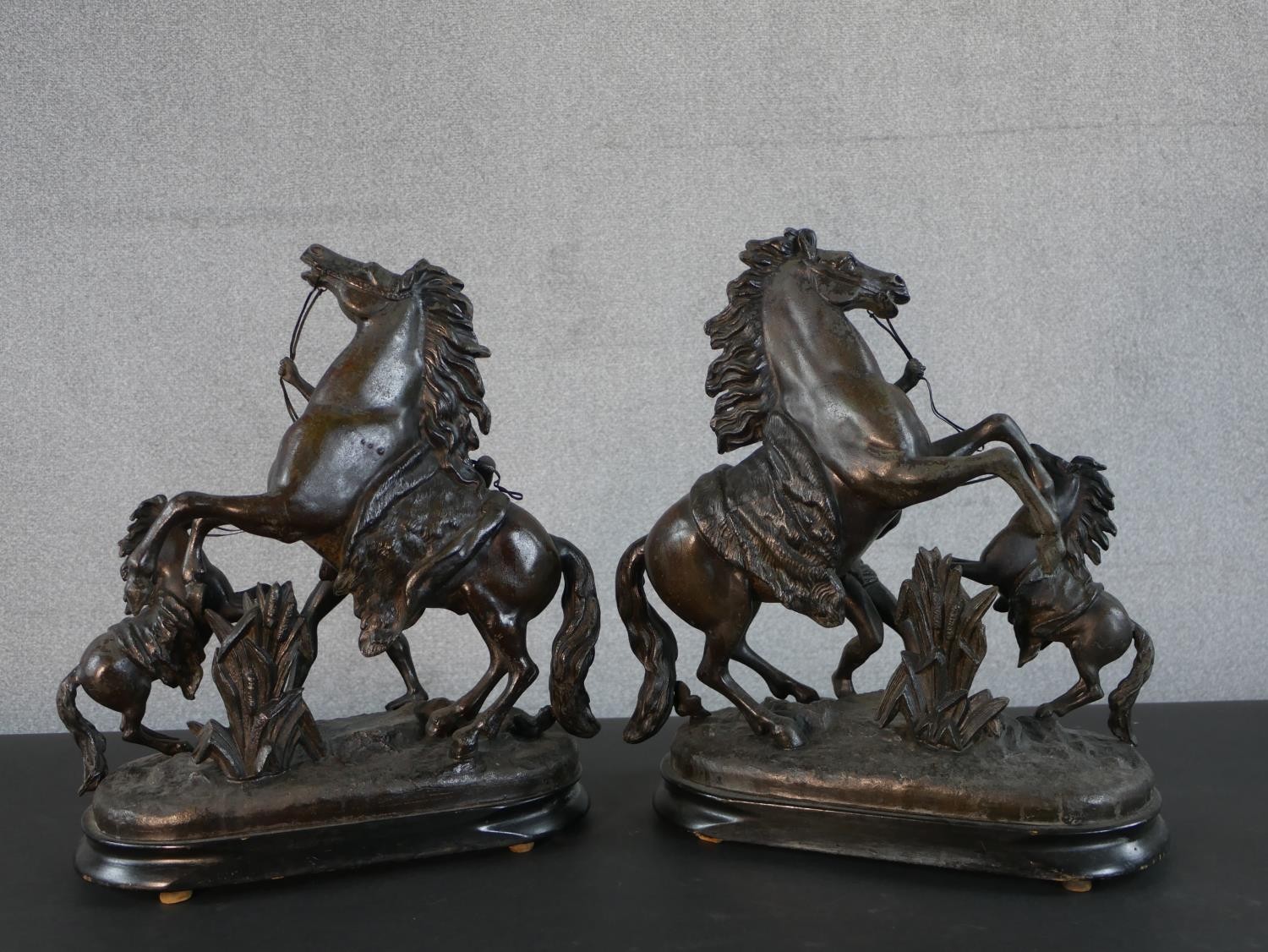 A pair of early 20th century spelter Marly horse figure groups with foals on ebonised bases. H.41 - Image 4 of 5