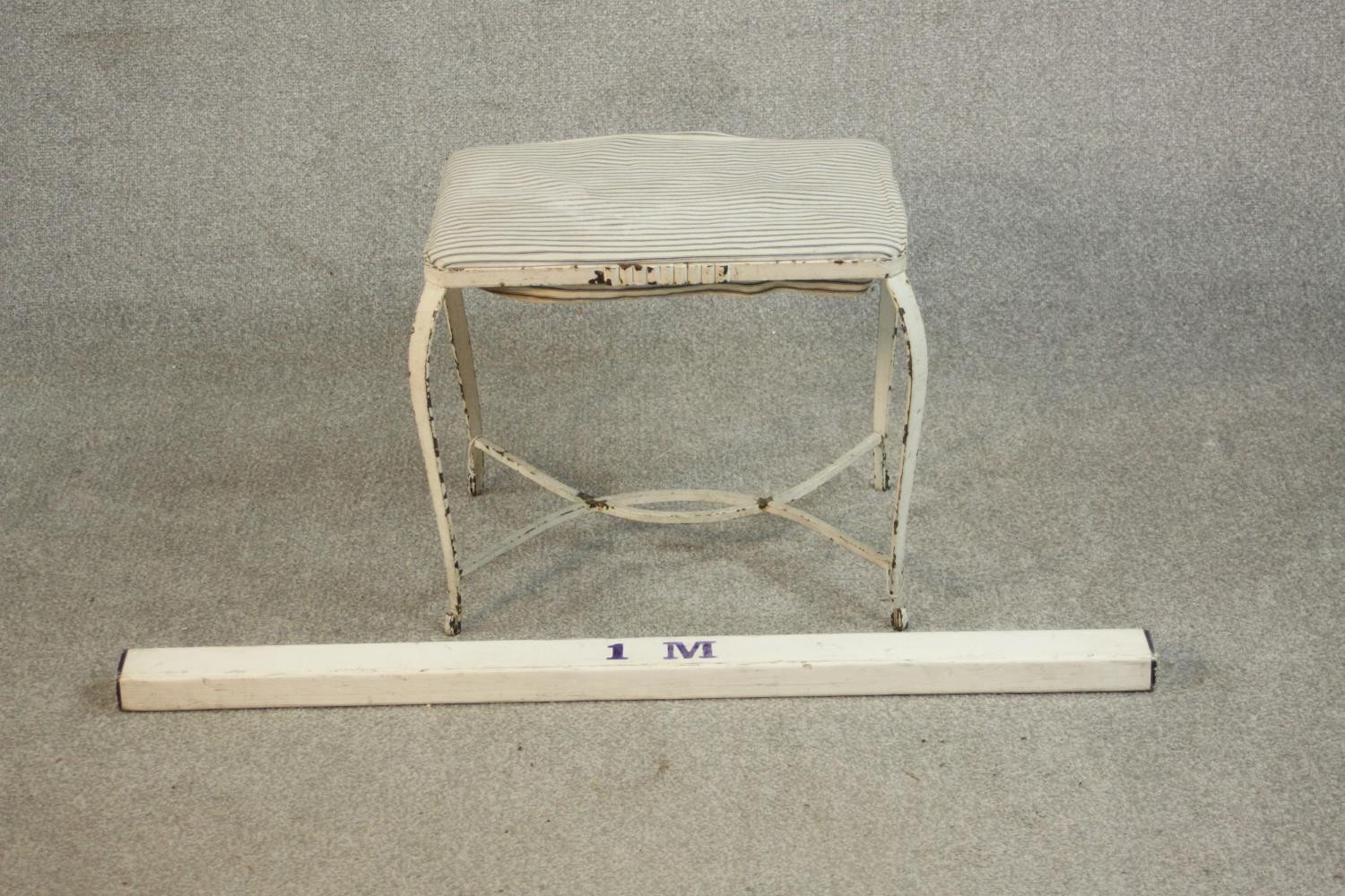 A white painted wrought iron stool, probably French, the seat upholstered in striped black and white - Image 2 of 5
