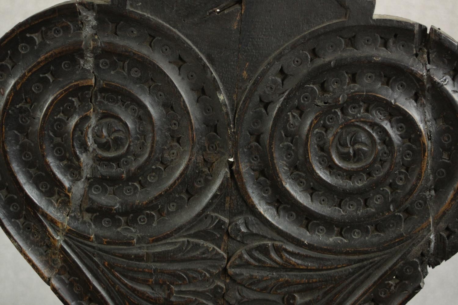 An oak stair baluster and furniture mount, probably 17th century, one with two opposing spirals - Image 4 of 7